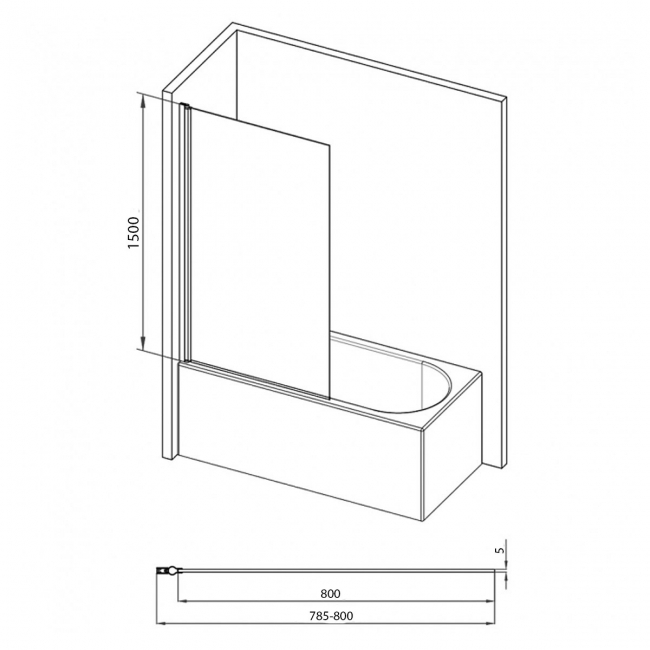 Signature Fluted Single Chrome Square Hinged Bath Screen 1500mm High x 800mm Wide - 5mm Glass