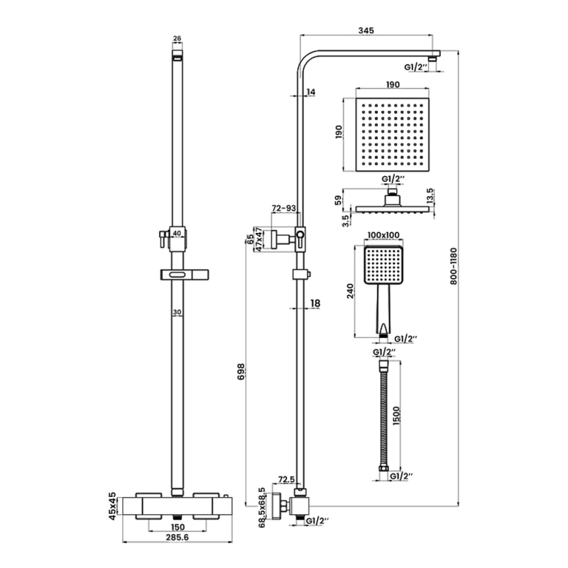 Signature Energy Cool-Touch Square Thermostatic Bar Mixer Shower with Shower Kit + Fixed Head - Chrome