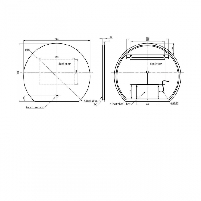 Signature Enzo Round Back-Lit LED Bathroom Mirror with Demister Pad 700mm H x 800mm W  | Dimension Image