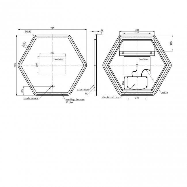 Signature Fabio Hexagonal LED Bathroom Mirror with Demister Pad 693mm H x 785mm W