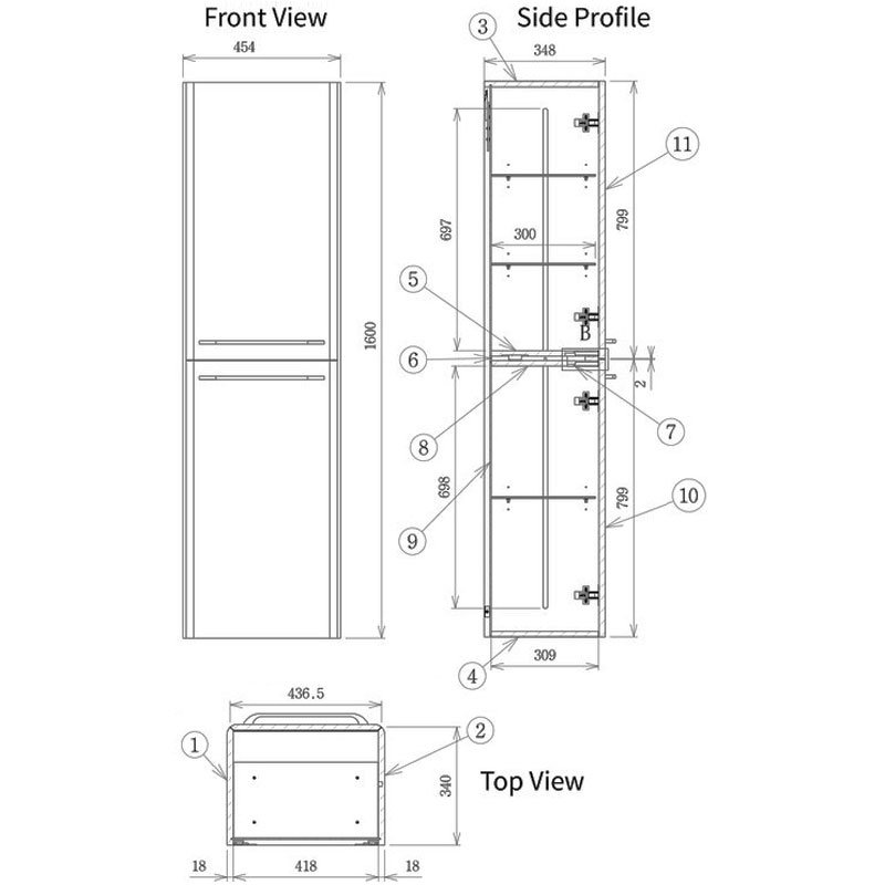 Signature Kalmar Wall Hung 2-Door Tall Unit 454mm Wide - White Gloss  | Dimension Image