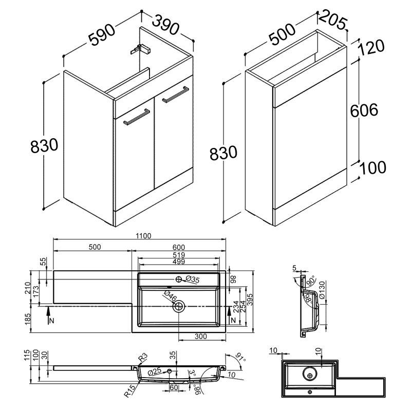 Signature Gothenburg RH Combination Unit with Polymarble Basin 1100mm Wide - Grey Gloss