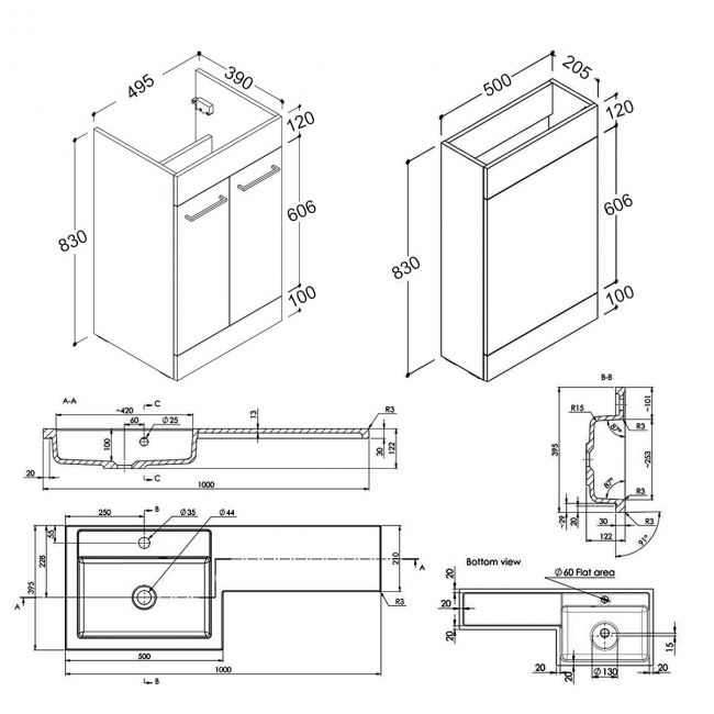 Signature Gothenburg LH Combination Unit with Basin 1000mm Wide - Anthracite Gloss  | Dimension Image