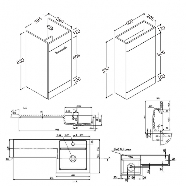 Signature Gothenburg RH Combination Unit with Basin 900mm Wide - Anthracite Gloss  | Dimension Image