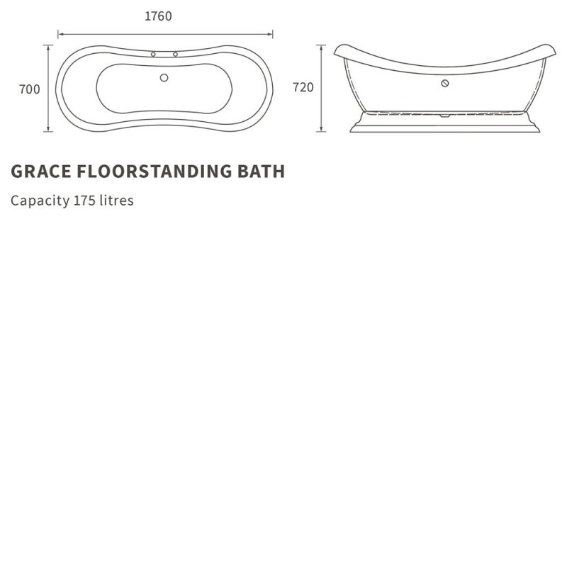 Signature Grace Freestanding Roll Top Bath with Base 1760mm x 700mm - 2 Tap Hole