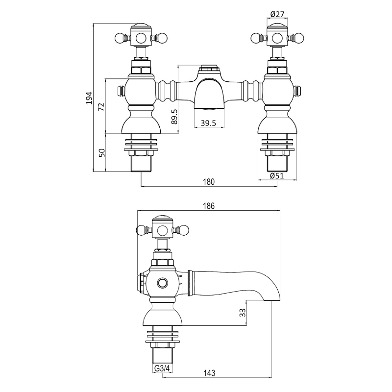 Signature Greenwich Bath Filler Tap Pillar Mounted - Brushed Brass