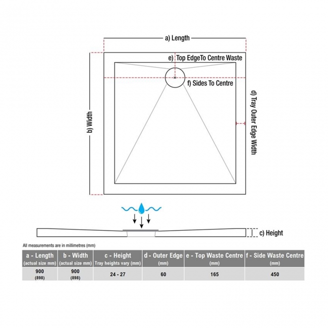 Signature Harbour Anti-Slip Square Shower Tray 900mm x 900mm (inc Waste)  | Dimension Image