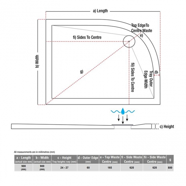 Signature Harbour Anti-Slip Quadrant Shower Tray 900mm x 900mm (inc Waste)  | Dimension Image