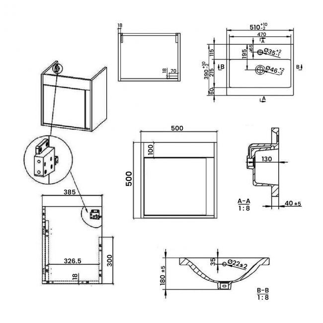 Signature Helsinki Wall Hung 1-Door Vanity Unit with Basin 510mm Wide - Seville Oak
