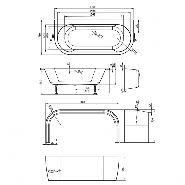 Signature Hera Supercast D-Shaped Back to Wall Bath 1700mm x 750mm (inc Panel)