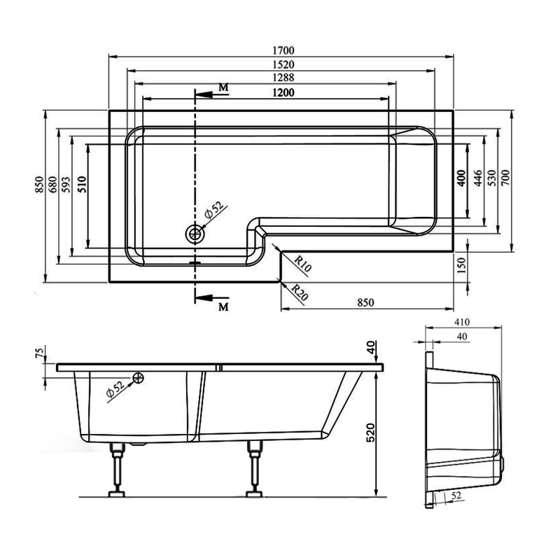 Signature Breeze Supercast L-Shaped Shower Bath with Front Panel and Screen 1700mm x 700mm/850mm Left Handed
