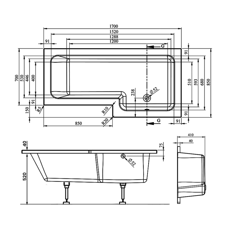Signature Breeze Supercast L-Shaped Shower Bath with Front Panel and Screen 1700mm x 700mm/850mm Right Handed