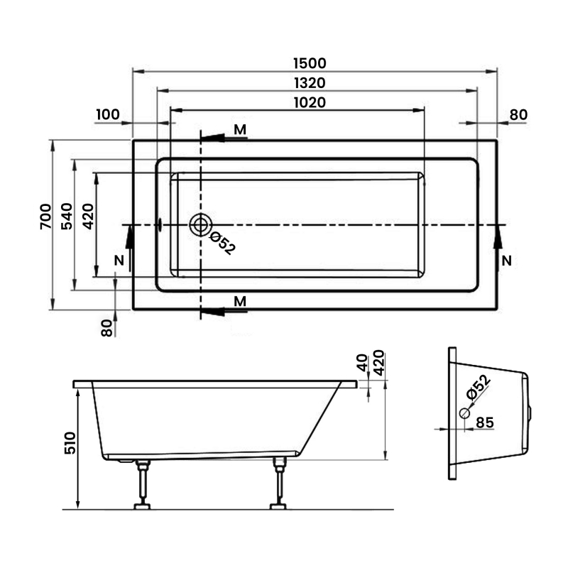 Signature Hermes Single Ended Rectangular Bath 1500mm x 700mm 0 Tap Hole (inc Leg Set)