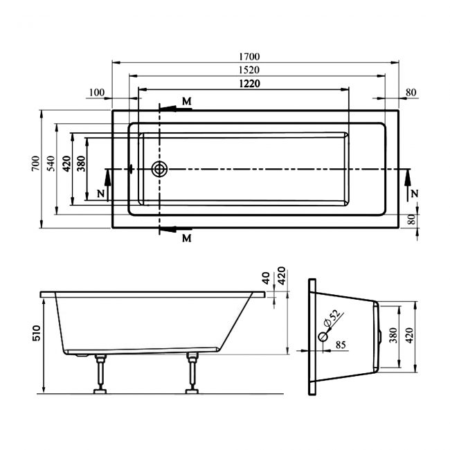 Signature Hermes Supercast Single Ended Rectangular Bath 1700mm x 700mm 0 Tap Hole (inc Leg Set)