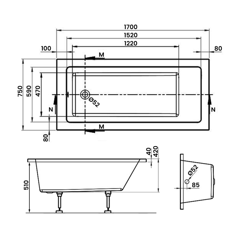 Signature Hermes Supercast Single Ended Rectangular Bath 1700mm x 750mm 0 Tap Hole (inc Leg Set)