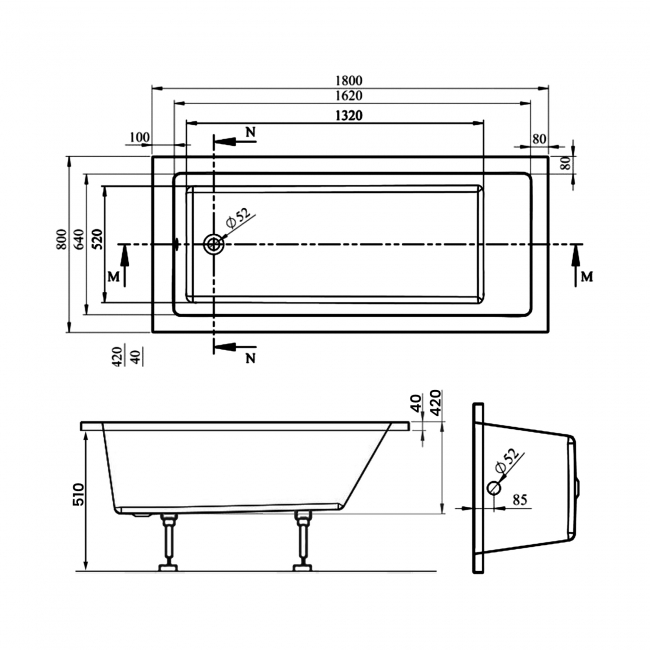Signature Hermes Single Ended Rectangular Bath 1800mm x 800mm 0 Tap Hole (inc Leg Set)
