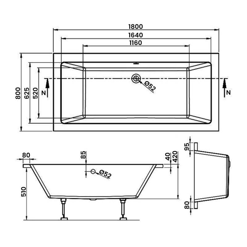 Signature Hermes Double Ended Rectangular Bath 1800mm x 800mm 0 Tap Hole (inc Leg Set)
