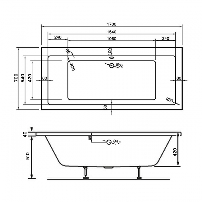 Signature Hermes Supercast Double Ended Rectangular Bath 1700mm x 700mm 0 Tap Hole (inc Leg Set)