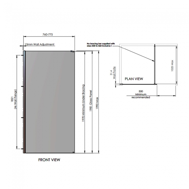 Signature Horizon Wet Room Glass Shower Screen with Deflector Panel 1990mm H x 800mm W