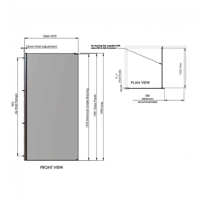 Signature Horizon Wet Room Glass Shower Screen with Deflector Panel 1990mm H x 1100mm W