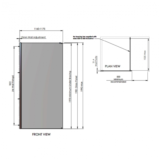 Signature Horizon Wet Room Glass Shower Screen with Deflector Panel 1990mm H x 1200mm W