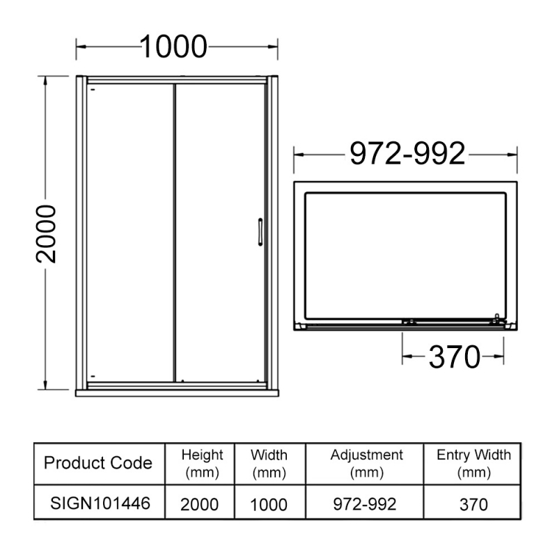 Signature Icon Semi-Frameless Sliding Shower Door 1000mm Wide - 8mm Glass