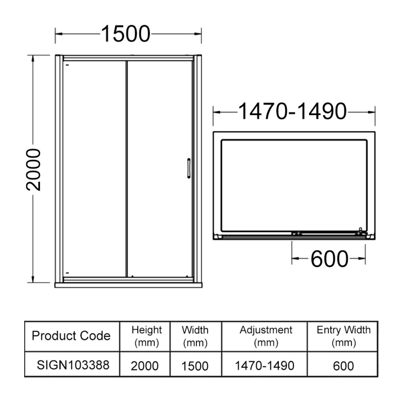 Signature Icon Semi-Frameless Sliding Shower Door 1500mm Wide - 8mm Glass