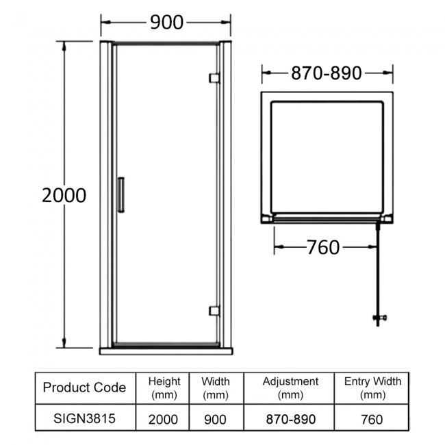 Signature Icon Hinged Shower Door 900mm Wide - 8mm Glass