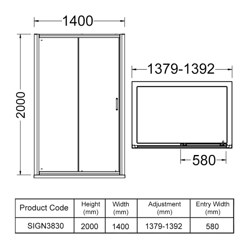 Signature Icon Semi-Frameless Sliding Shower Door 1400mm Wide - 8mm Glass