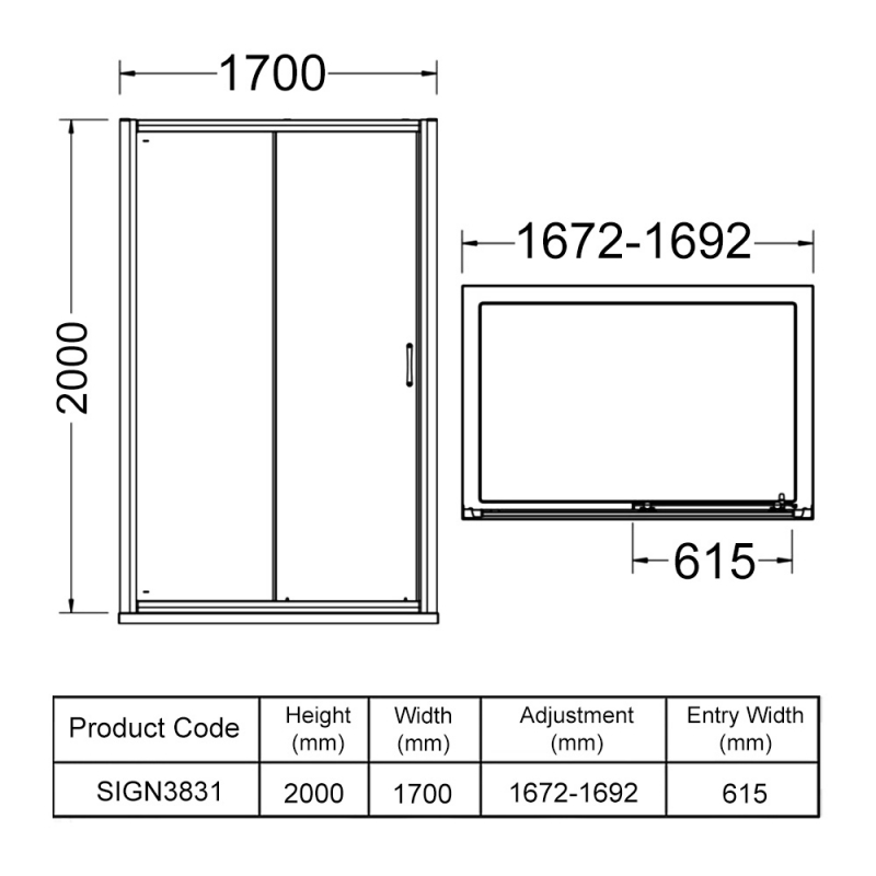 Signature Icon Semi-Frameless Sliding Shower Door 1700mm Wide - 8mm Glass