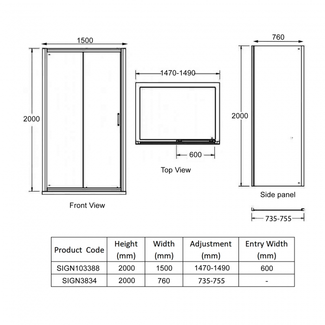 Signature Icon Sliding Door Rectangular Shower Enclosure 1500mm x 760mm - 8mm Glass  | Dimension Image