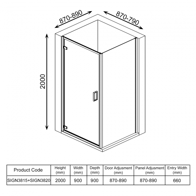 Signature Icon Hinged Door Square Shower Enclosure 900mm x 900mm - 8mm Glass  | Dimension Image