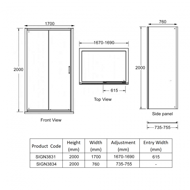 Signature Icon Sliding Door Rectangular Shower Enclosure 1700mm x 760mm - 8mm Glass  | Dimension Image
