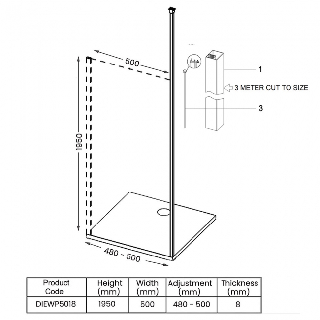 Signature Icon Vertical Pole Wet Room Screen 500mm Wide - 8mm Glass