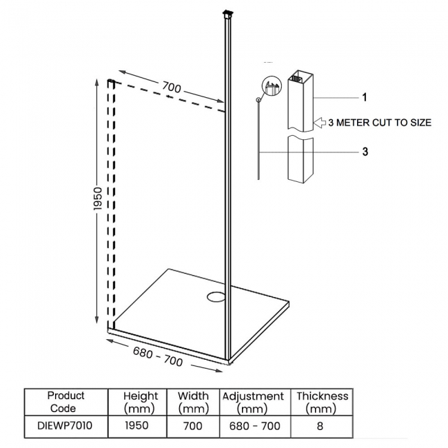 Signature Icon Vertical Pole Wet Room Screen 700mm Wide - 8mm Glass  | Dimension Image