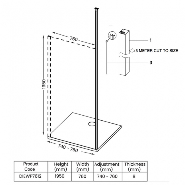 Signature Icon Vertical Pole Wet Room Screen 760mm Wide - 8mm Glass