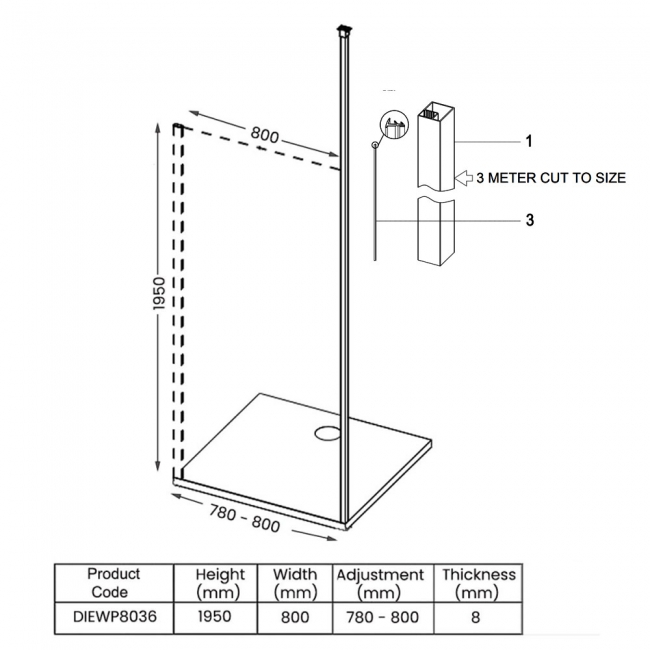 Signature Icon Vertical Pole Wet Room Screen 800mm Wide - 8mm Glass  | Dimension Image
