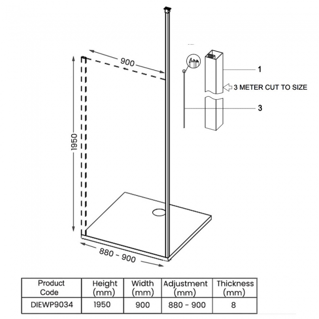 Signature Icon Vertical Pole Wet Room Screen 900mm Wide - 8mm Glass  | Dimension Image
