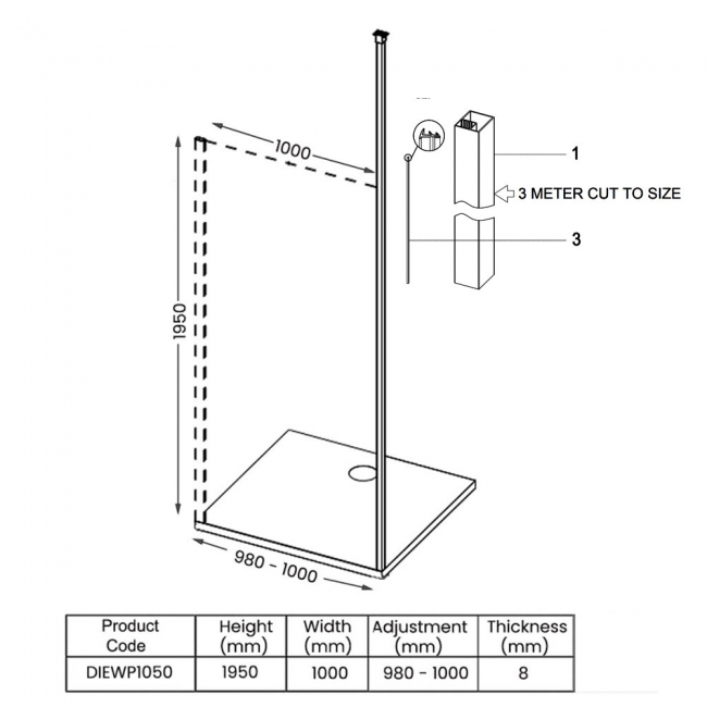 Signature Icon Vertical Pole Wet Room Screen 1000mm Wide - 8mm Glass  | Dimension Image