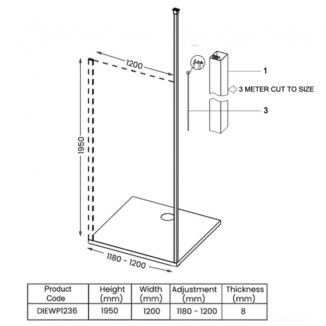 Signature Icon Vertical Pole Wet Room Screen 1200mm Wide - 8mm Glass  | Dimension Image