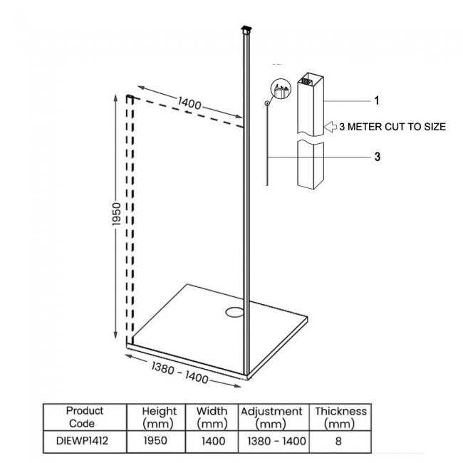 Signature Icon Vertical Pole Wet Room Screen 1400mm Wide - 8mm Glass  | Dimension Image