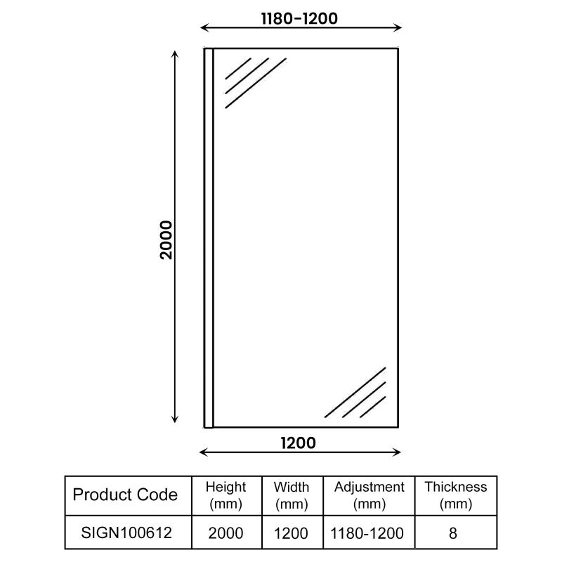 Signature Icon Black Leaf Wet Room Screen 1200mm Wide - 8mm Glass