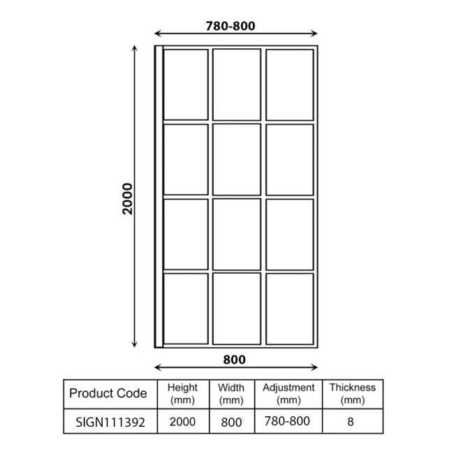 Signature Icon Grid Framed Black Wet Room Screen 800mm Wide - 8mm Glass  | Dimension Image