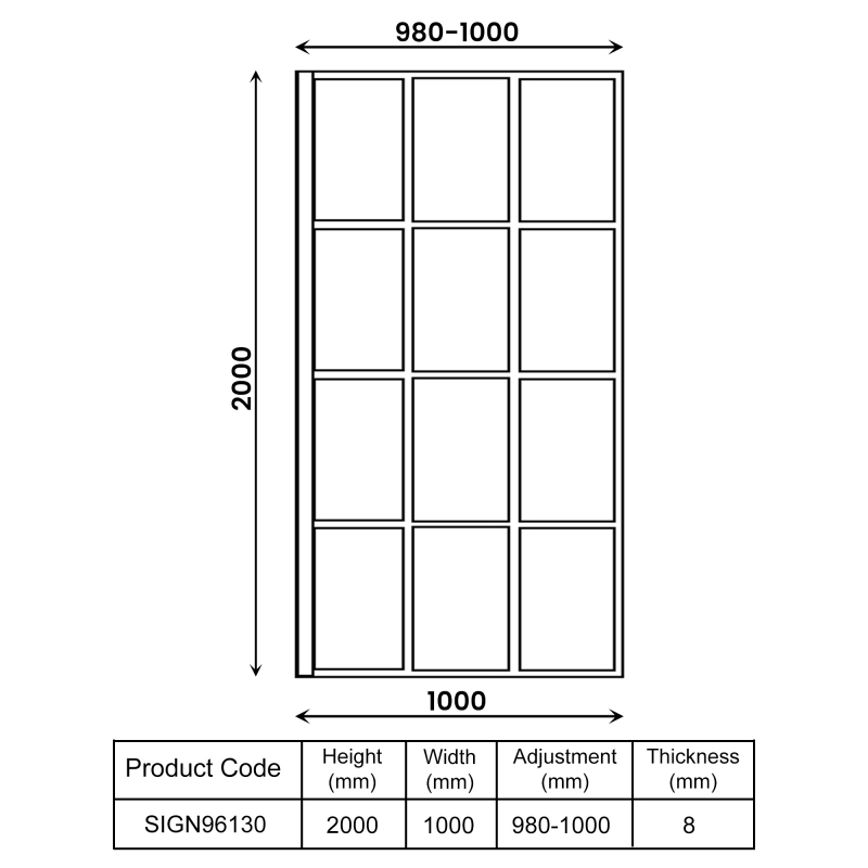 Signature Icon Grid Framed Black Wet Room Screen 1000mm Wide - 8mm Glass  | Dimension Image
