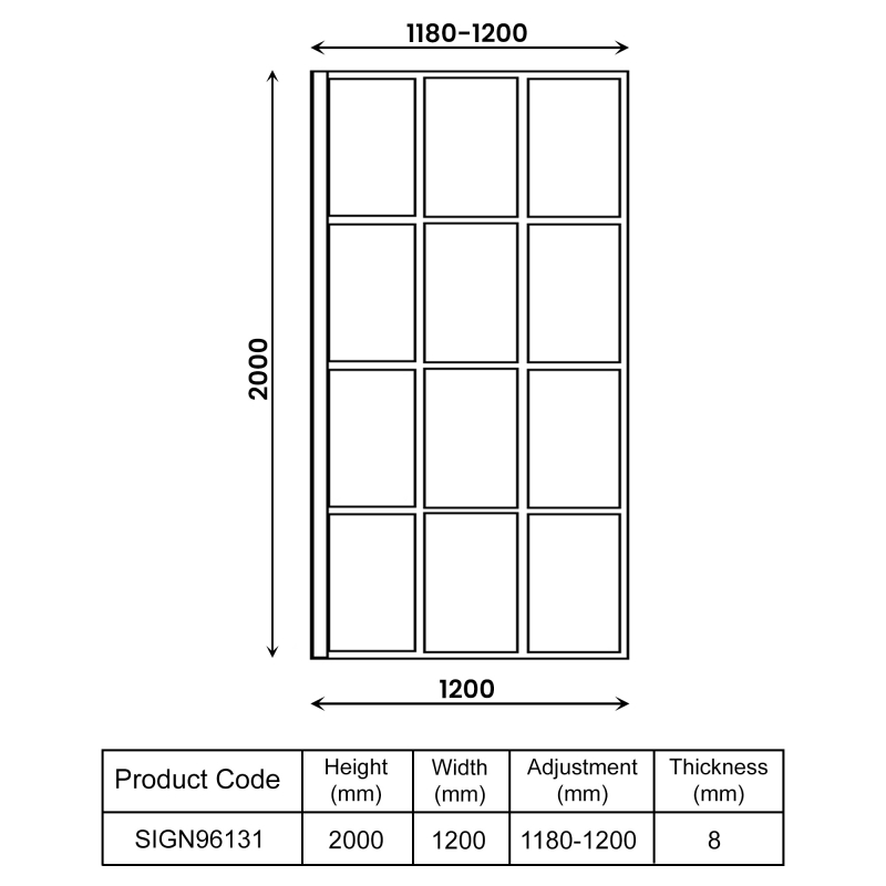 Signature Icon Grid Framed Black Wet Room Screen 1200mm Wide - 8mm Glass