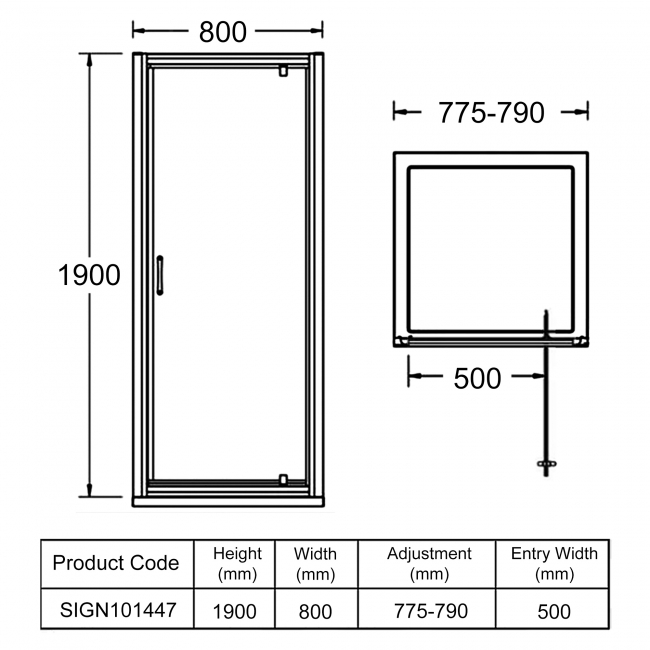 Signature Inca Pivot Shower Door 800mm Wide - 6mm Glass