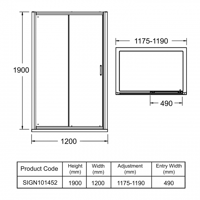 Signature Inca Sliding Shower Door 1200mm Wide - 8mm Glass