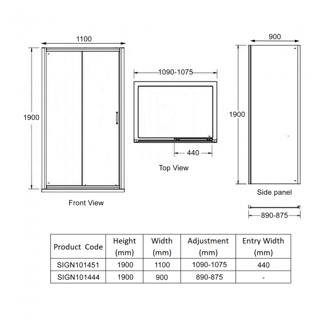 Signature Inca Sliding Door Rectangular Shower Enclosure 1100mm x 900mm - 8mm Glass  | Dimension Image