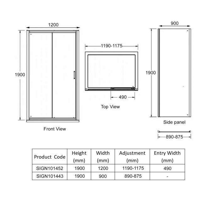 Signature Inca Sliding Door Rectangular Shower Enclosure 1200mm x 900mm - 8mm Glass  | Dimension Image