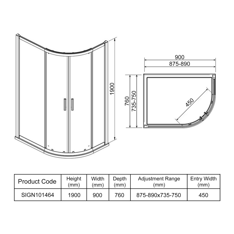 Signature Inca 2-Door Offset Quadrant Shower Enclosure 900mm x 760mm - 8mm Glass  | Dimension Image